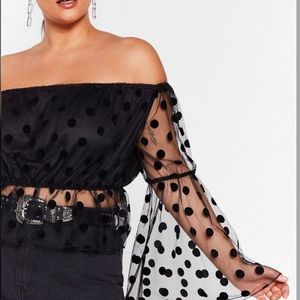 Nasty Gal Plus Size Black Polka Dot Mesh Bardot Top